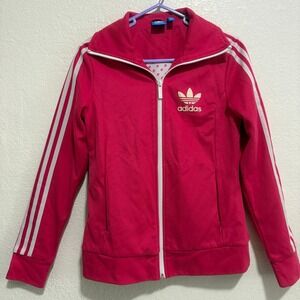 Vintage Adidas Women's Track Jacket Pink White Logo Zip Up Lips Lining Size S
